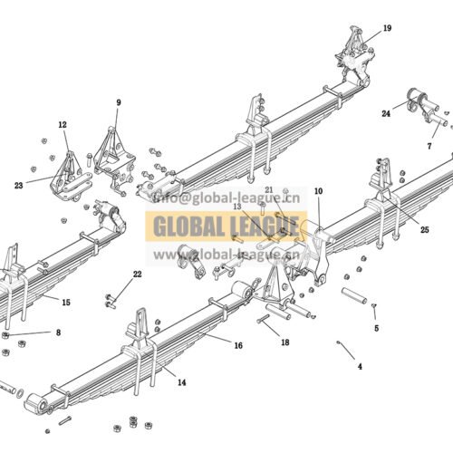 Front suspension_7.5T multi-leaf spring_8×4_850 dump truck_880_10 leaves_1650_M suspension_II-axle lowering height_1950 wheelbase_standard version_forward extension beam_M20  DC97319690788