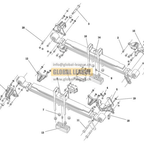 Rear suspension: 11.5t, few-leaf spring, 4×2, 870, 1030, 1500, 3+3, 70mm, composite, 182×115, no accessories  DC9M189520411